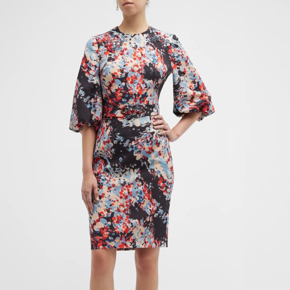 Rickie Freeman For Teri Jon Beaded-Belt Printed Sheath Dress